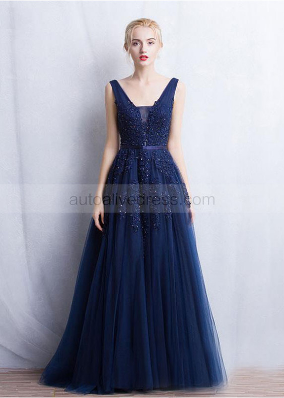 Beaded Lace Tulle V Back Long Evening Dress